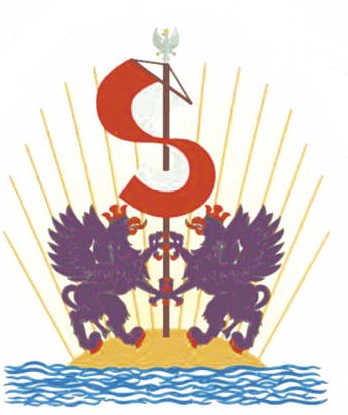 Logo Tajnej Organizacji Wojskowej Gryf Pomorski. Dwa Gryfy trzymające w pazurach drzewiec z flagą biało czerwoną. Gryfy stoją w promieniach słońca . wokół znajduje sie woda