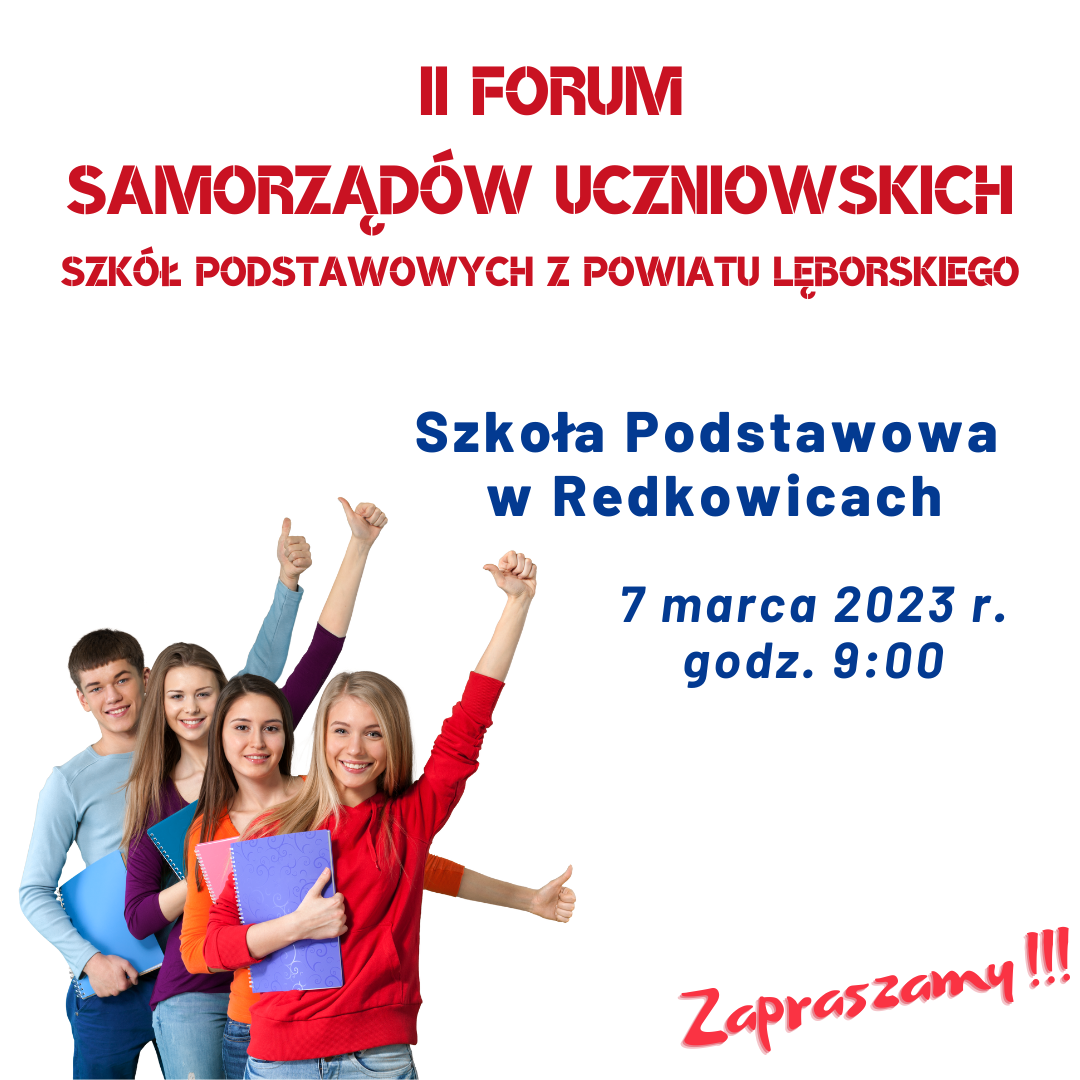 Plakat. Zaproszenie na drugie Forum samorządów uczniowskich powiatu lęborskiego