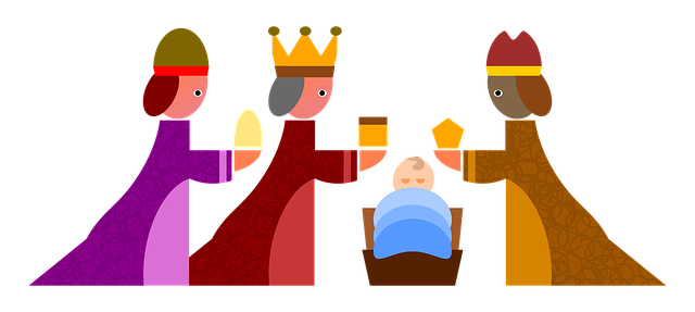 Grafika: Trzech Króli składa dary Jezusowi leżącemu w kołysce