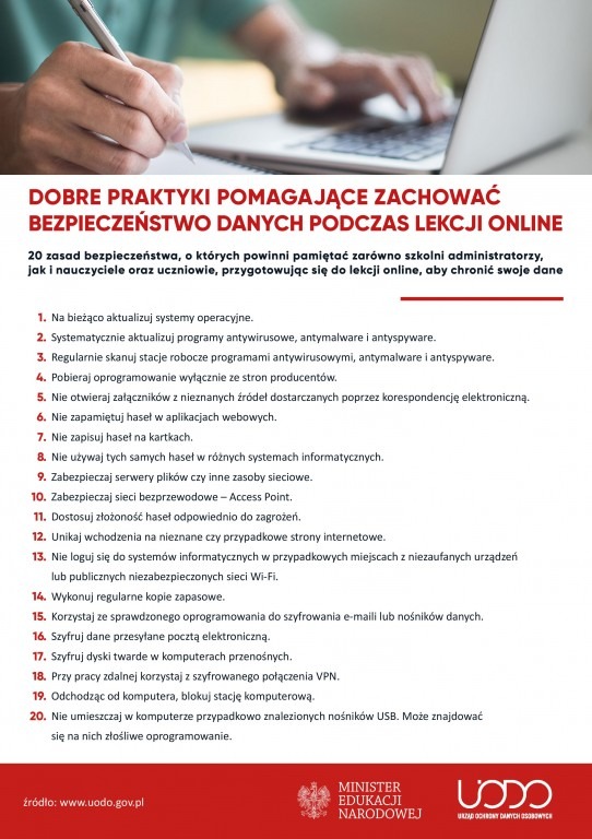 Grafika: Dobre praktyki pomagające zachować bezpieczeństwo danych podczas lekcji online