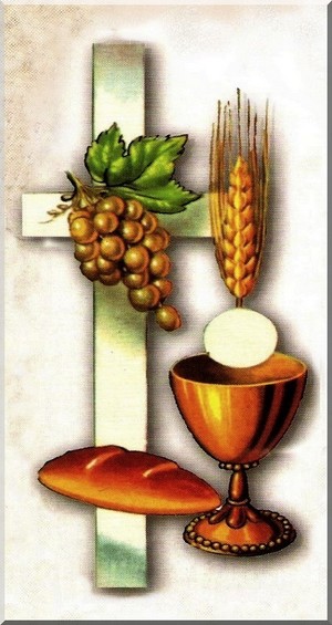 Grafika: Biały krzyż, na którym zawieszone są winogrona. Przed krzyżem bochenek chleba obok kielich z Hostią oraz kłos zboża.