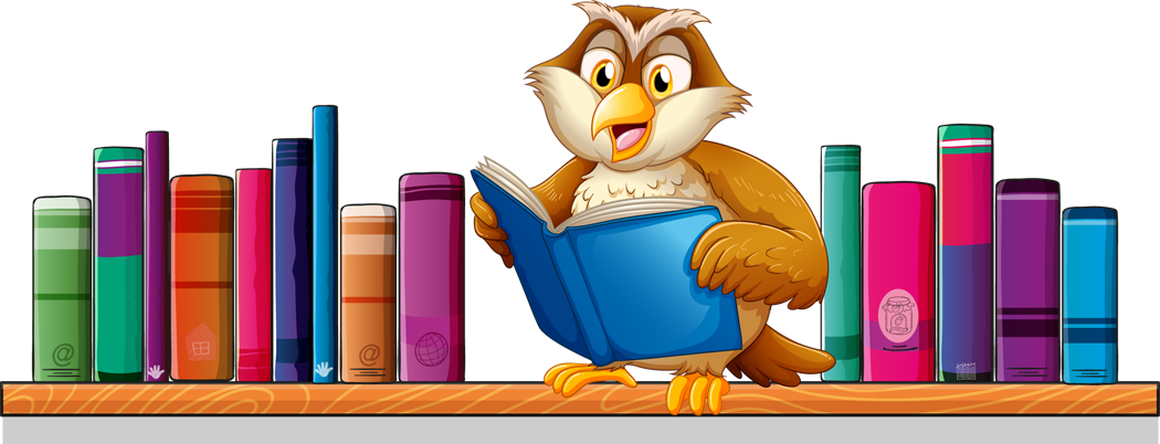 Grafika: Na półce sowa, która czyta książkę. Po lewej i po prawej stronie sowy kolorowe książki