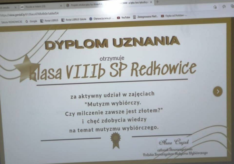 Dyplom uznania dla klasy 8 b za aktywny udział w zajęciach "Mutyzm wybiórczy. Czy milczenie zawsze jest złotem?" i chęć zdobycia wiedzy na temat mutyzmu wybiórczego.