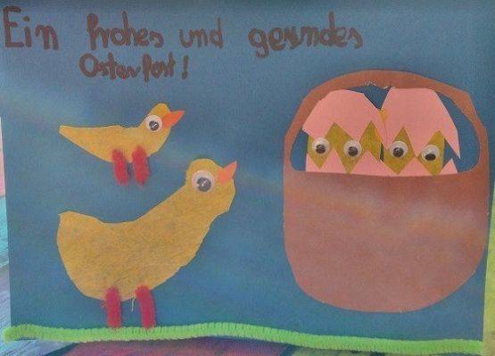 Kartka wielkanocna. Na niebieskiej kartce dwa kurczaki, obok koszyk z kurczakami w skorupce jajka. Na górze napis w języku niemieckim. Wszystkiego najlepszego z okazji Świąt Wielkanocnych