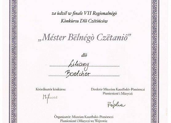 Dyplom za udział w finale 7 Regionalnym Konkursie Czytelniczym - Mistrz pięknego czytania - dla Liliany Boetcher