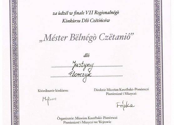 Dyplom za udział w finale 7 Regionalnym Konkursie Czytelniczym - Mistrz pięknego czytania - dla Justyny Florczyk