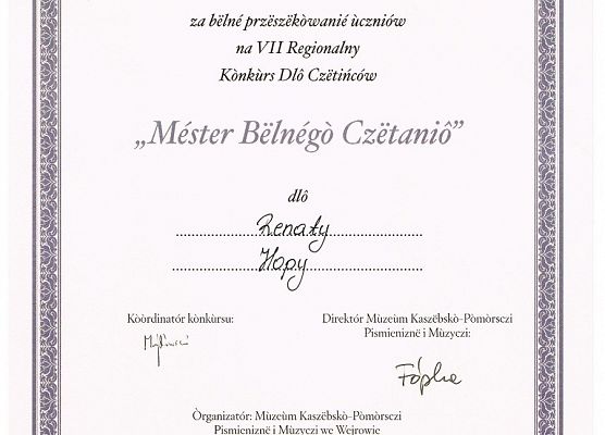 Podziękowanie dla Ranaty Hopa za przygotowanie uczniów do udziału w finale 7 Regionalnym Konkursie Czytelniczym - Mistrz pięknego czytania