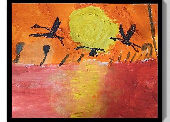 Filip Wawrzak - praca przedstawia 3 czarne gęsi przelatujace nad czerwoną rzeką. Niebo jest pomarańczowe a w rzece odbija się żółte słónca. Nad rzeką rośnie sitowie