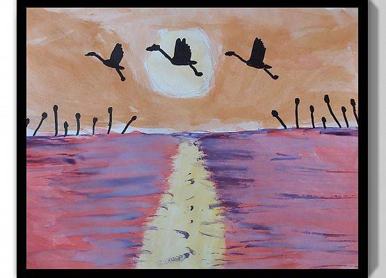 Kamil Maszota - praca przedstawia 3 czarne gęsi przelatujace nad fioletową rzeką. Niebo jest pomarańczowe a w rzece odbija się żółte słónca. Nad rzeką rośnie sitowie
