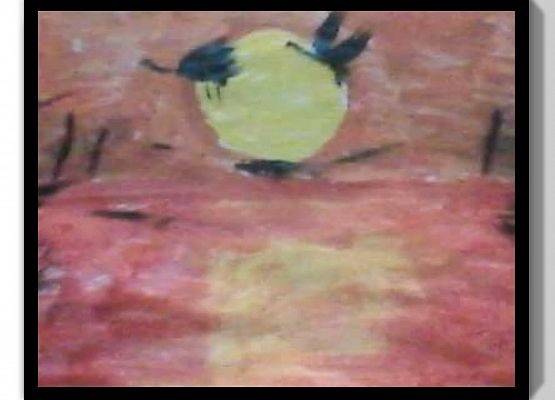 Kondrad Ulemberg - praca przedstawia 2 czarne gęsi przelatujace nad czerwoną rzeką. Niebo jest pomarańczowe a w rzece odbija się żółte słónca. Nad rzeką rośnie sitowie