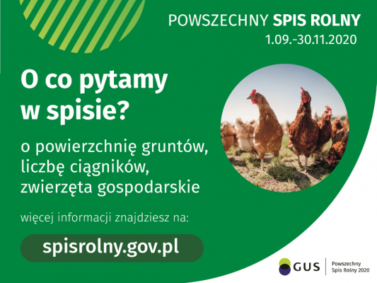 Plakat Powszechnego Spisu Rolnego 2020.Powszechny Spis Rolny 1 września do 30 listopada 2020. O co pytamy w spisie? o powierzchnię grutów, liczbę ciągników, zwierzęta gospodarskie. Więcej informacji znajdziesz na spisrolny.gov.pl